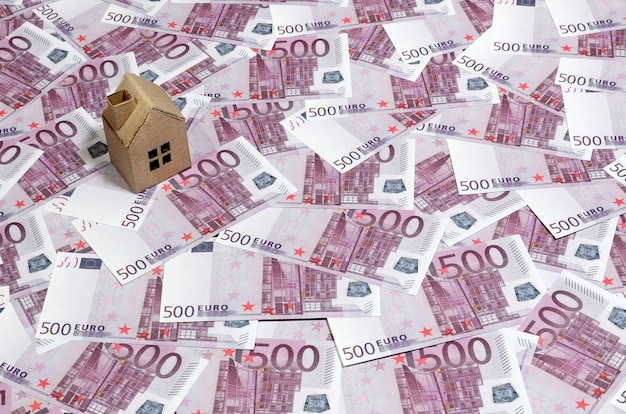 Veduta dall&#39;alto di una casa giocattolo di cartone su 500 Euro Note