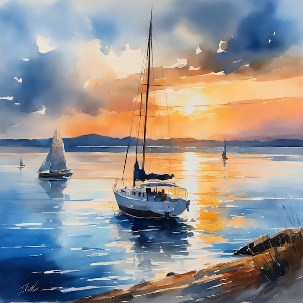 Veduta del mare calmo e di una barca a vela al tramonto Quadro su tela Poster Qualità stampabile