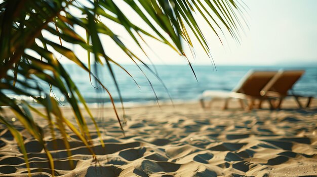 Veduta del mare dal ramo di palma della costa sabbiosa e da un lettino sulla spiaggia in una giornata di vacanza al mare