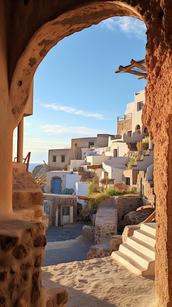 veduta del portone di un villaggio con vista sul mare ai