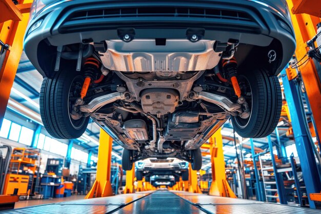 Veduta del sottocarro di un'auto sollevata per la manutenzione in un'officina moderna