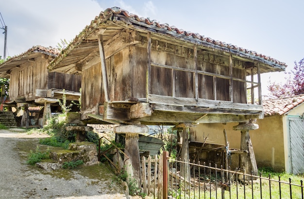 Veduta del tipico granaio delle Asturie, in Spagna, sollevato da pilastri in pietra e noto come "horreo"