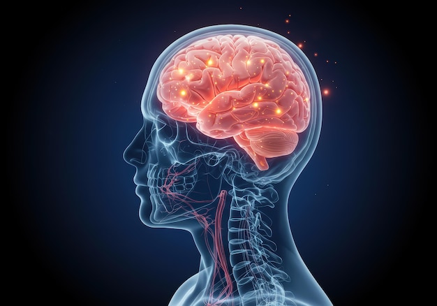 Veduta dettagliata al raggio X del cranio e del cervello umano Innovazione medica