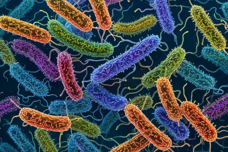 Veduta dettagliata di batteri che nuotano nel liquido con flagelli e pareti cellulari colorati