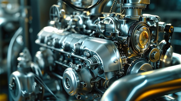 Veduta dettagliata di più tubi metallici nel processo di fabbricazione di un motore moderno in una fabbrica ad alta tecnologia