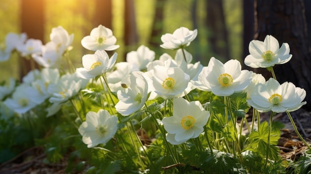 Veduta di fiori di anemone davanti agli alberi sullo sfondo della foresta Ai generativa