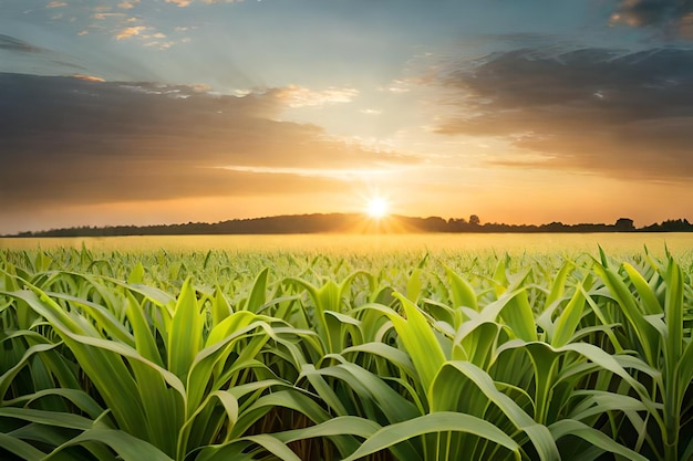 Veduta di un campo di grano con il sole all'orizzonte