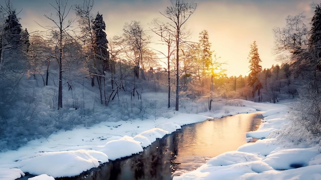 Veduta di un fiume mezzo congelato con la Germania in inverno al tramonto