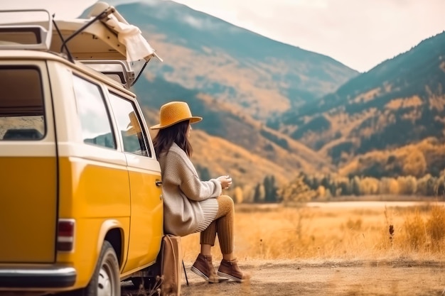 Veduta di una giovane donna viaggiatrice seduta su un'auto hatchback Una donna viaggiatrice felice che guarda lo sfondo della montagna Creata con la tecnologia Generate Ai