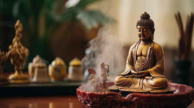 Veduta di una statua di Buddha con incenso AI generativo