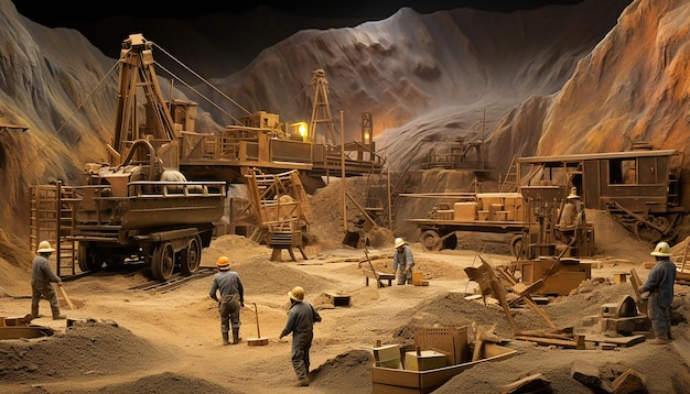 Veduta grandangolare in scala diorama di un gruppo di minatori che lavorano in una miniera d'oro
