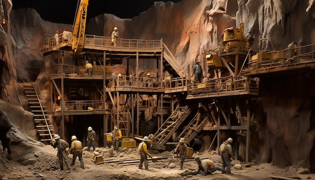 Veduta grandangolare in scala diorama di un gruppo di minatori che lavorano in una miniera d'oro