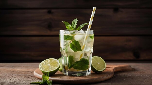 Veduta laterale del cocktail mojito con rum, ghiaccio e paglia nel bicchiere