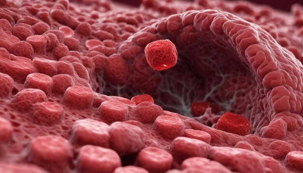 Veduta microscopica di un grappolo di globuli rossi forse un tumore o un batterio