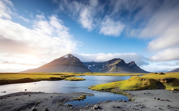 Veduta panoramica del paesaggio islandese con montagne e laghi