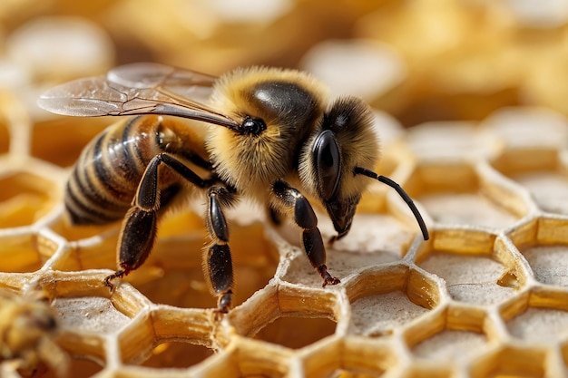 Veduta ravvicinata dell'ape lavoratrice sulle cellule mellifere L'ape sul favo mellifero