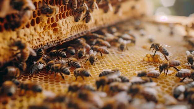 Veduta ravvicinata delle api che lavorano sulle honeycells