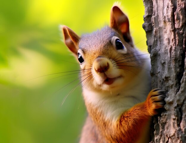 Veduta ravvicinata di uno squirrello carino sull'albero generato dall'AI
