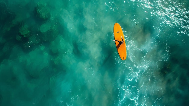 Vedute aeree di un uomo che fa surf con una tavola gialla sul mare di acque cristalline