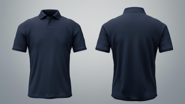 Vedute anteriori e posteriori di un modello di abbigliamento Navy Blue Polo Shirt isolato su sfondo bianco