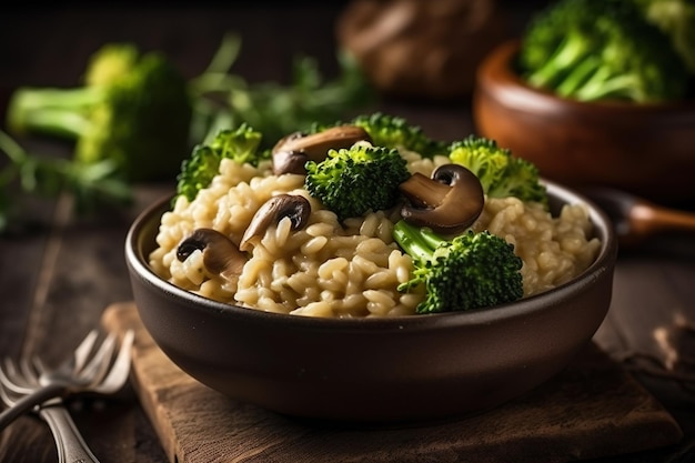 Vegan Food Risotto di riso con funghi e broccoli generativi ai