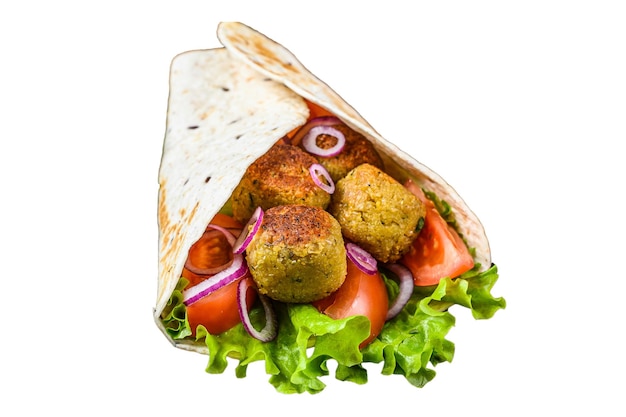 Vegetariano Tortilla wrap con falafel e insalata fresca vegan tacos isolati su sfondo bianco