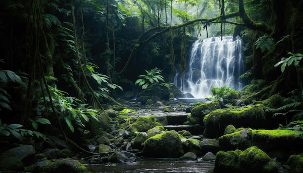 vegetazione verde lussureggiante e rocce in un paesaggio di cascate nebbiose