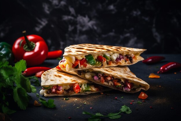 Veggie quesadillas piatto vegetariano su superficie di pietra nera sfondo artistico