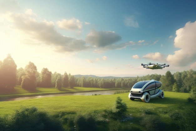 Veicolo autonomo e drone che sorvolano un lussureggiante paesaggio verde creato con l'IA generativa