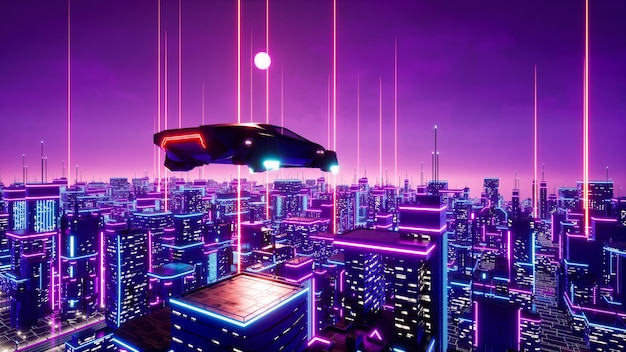 Veicolo di trasporto futuristico con rendering 3d della città del metaverse