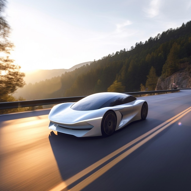 Veicolo elettrico super car sul tramonto della strada di montagna in estate