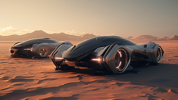 Veicolo futuristico in terreno deserto al tramonto che mostra design e tecnologia avanzati