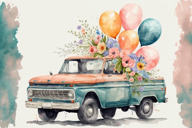 Veicolo retrò in acquerello con palloncini e fiori veicolo per San Valentino