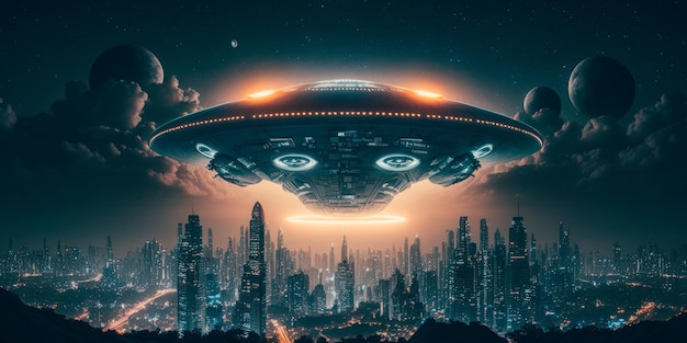 Veicolo spaziale alieno che si libra sopra lo skyline di una città di notte IA generativa