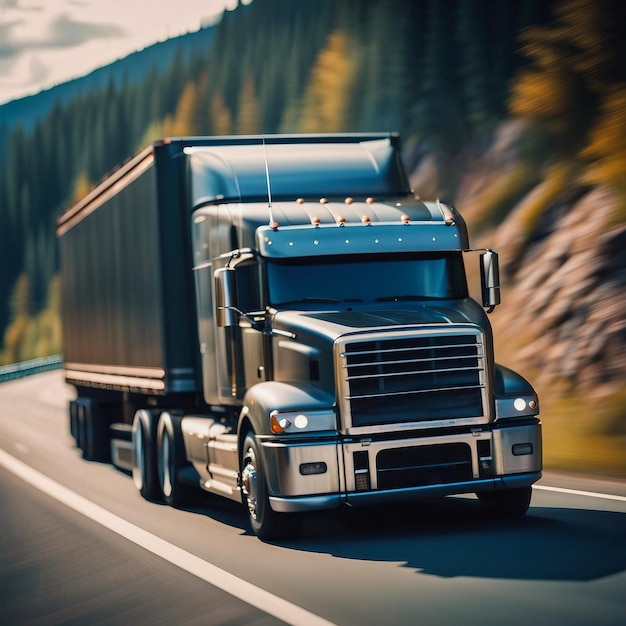 Velocità autostradale un camion moderno che guida rapidamente ad alta velocità consegnando merci IA generativa