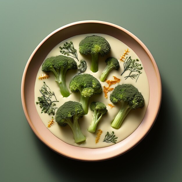 Velvety Bisque Flat Lay di broccoli Bisque con cespugli di broccoli artisticamente posizionati