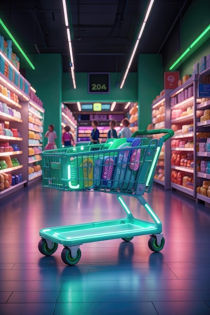 Vendita al dettaglio incandescente Il carrello della spesa al neon Un'avventura di shopping futuristica