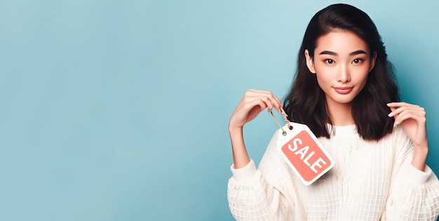 vendita di abbigliamento femminile ragazza con un cartello con la scritta vendita ai generativa