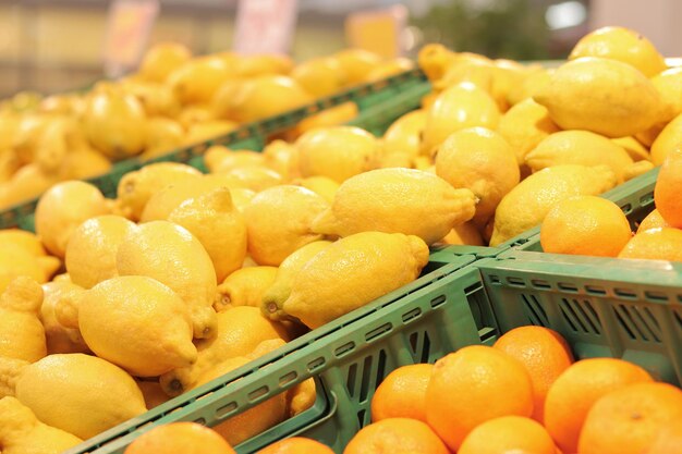 Vendita di limoni nel supermercato Agrumi in scatole di plastica primo piano Limoni nel negozio