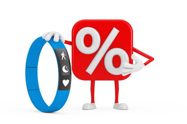 Vendita o sconto percentuale segno persona personaggio mascotte con fitness tracker blu su sfondo bianco 3d rendering