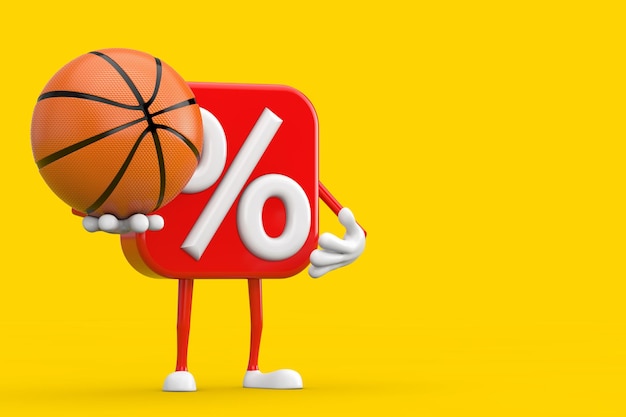 Vendita o sconto percentuale segno persona personaggio mascotte con palla da basket su sfondo giallo 3d rendering