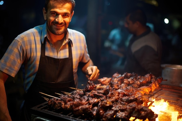 Venditore ambulante che griglia deliziosi kebab