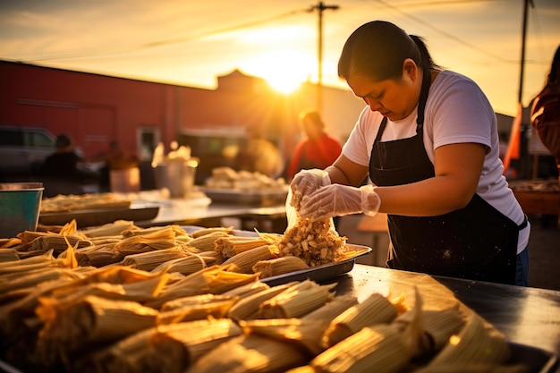 venditore ambulante femminile messicano che prepara tamales freschi al mercato alimentare