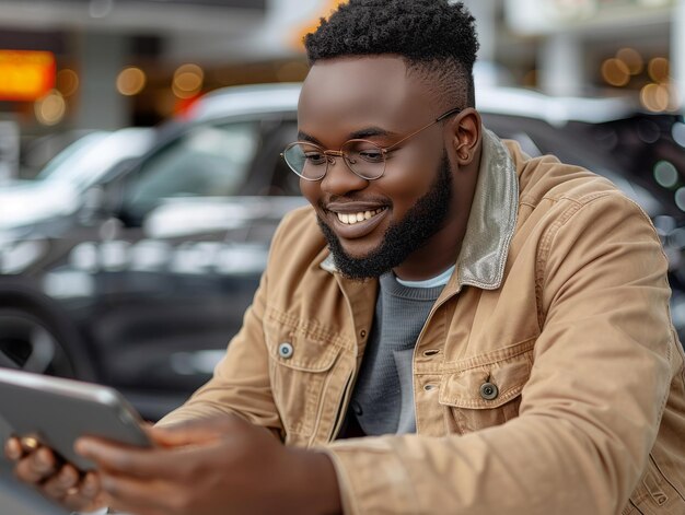 Venditore di auto che lavora al concessionario usando un tablet