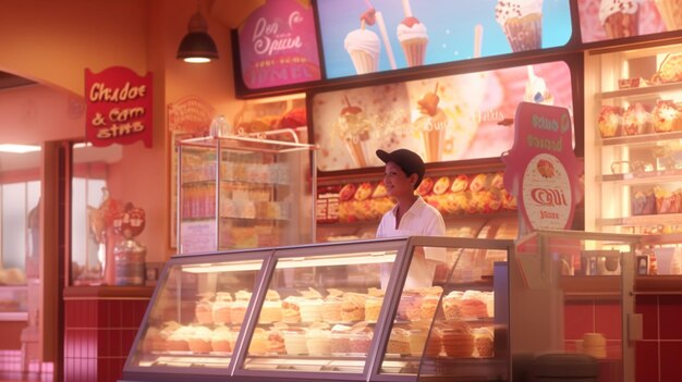 Venditore di colture che serve gelati in un negozio di gelati AI generativa