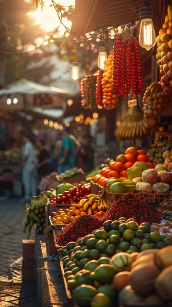 Venditore di mercato frutta e spezie colorate circondato da clienti che parlano una varietà di lingue che mescolano diverse influenze culturali fotografia vignetta dell'ora d'oro