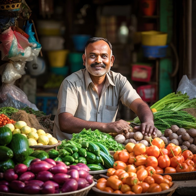 Venditore di verdure indiano seduto al negozio e sorridente