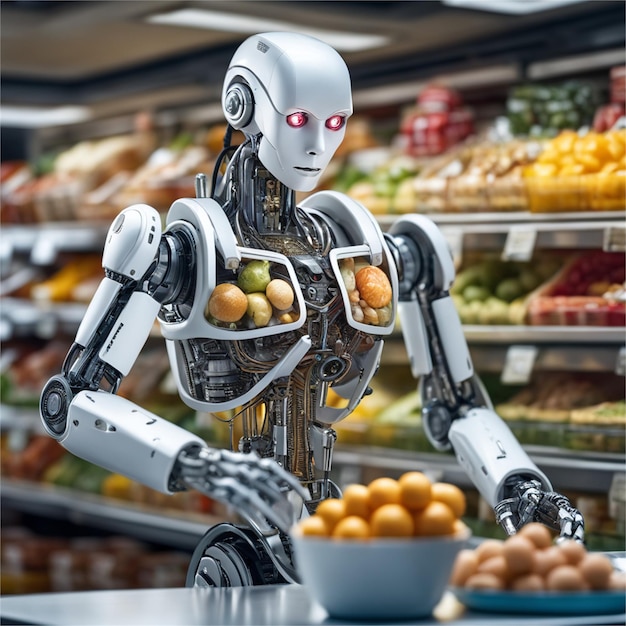 Venditore robot in un negozio di frutta che vende frutta