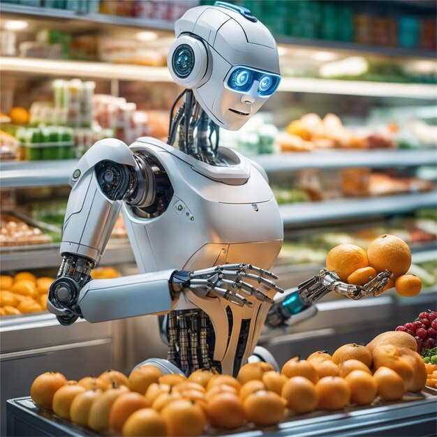 Venditore robot in un negozio di frutta che vende frutta