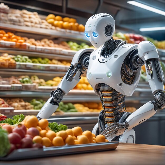 Venditore robot in un negozio di frutta che vende frutta